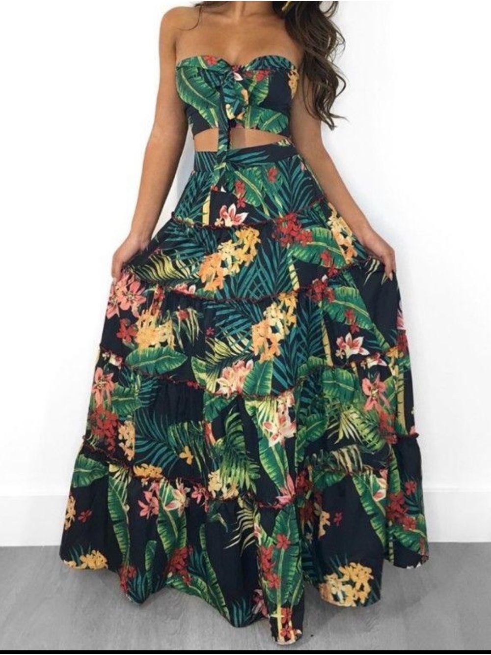Source Unknown Tropical Floral Maxi Skirt in Green and Black